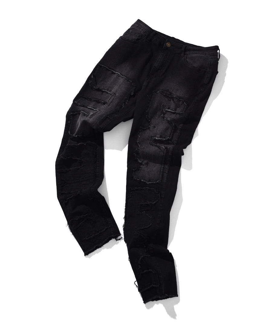 "FEAR" BLACK SKINNY FRINGE DENIM