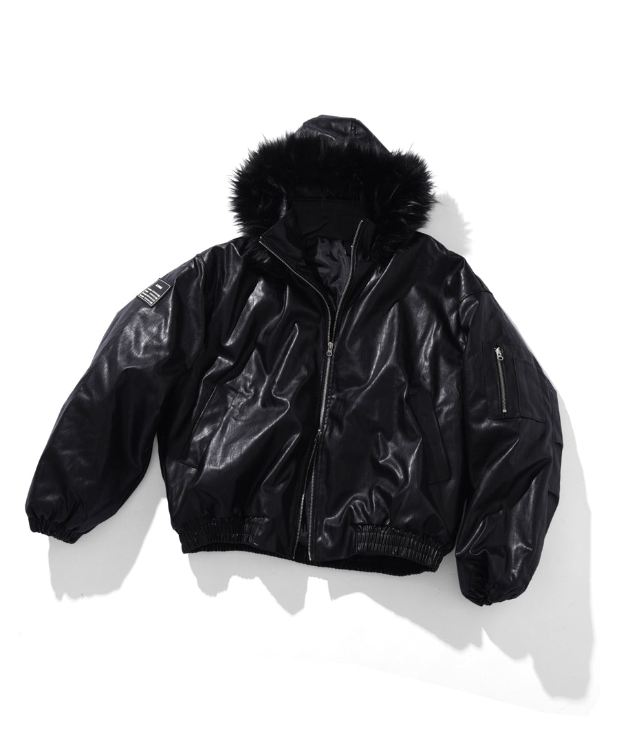 BLACK FAR LEATHER PUFFER JACKET