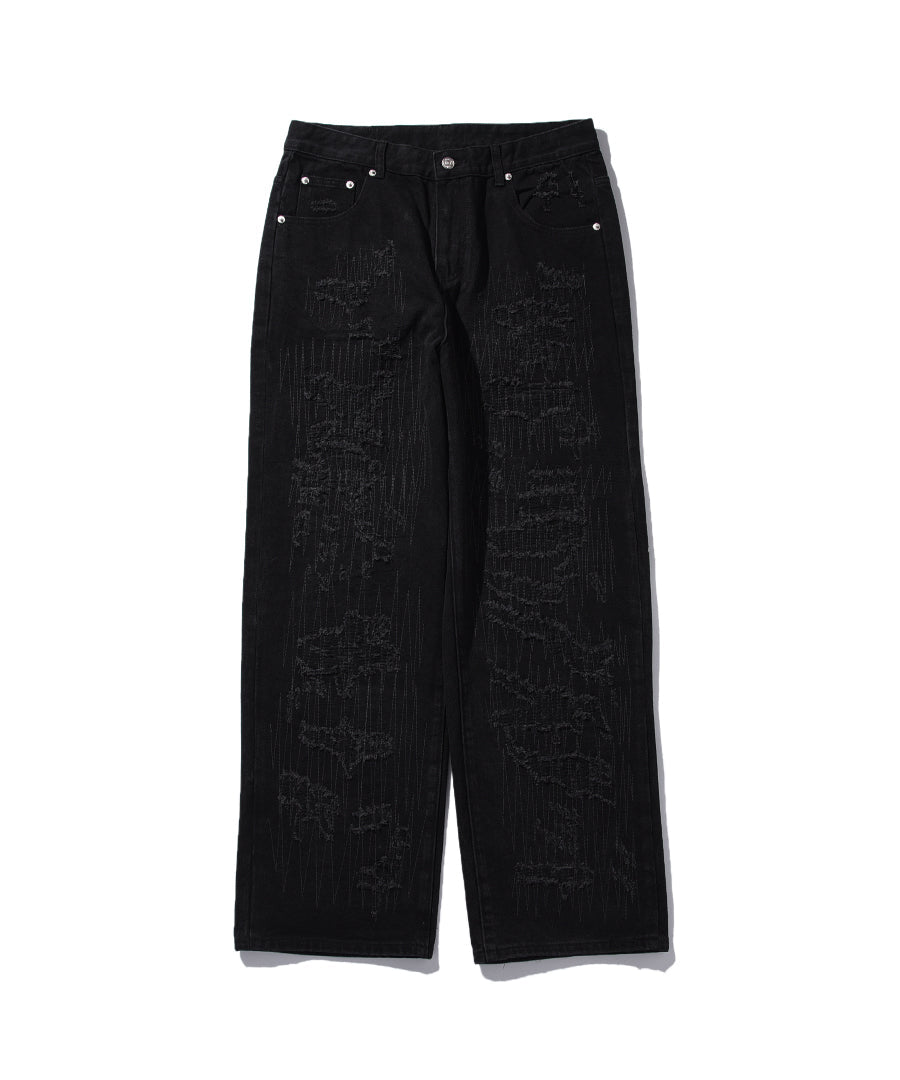 "FEAR" BLACK DAMAGE DENIM